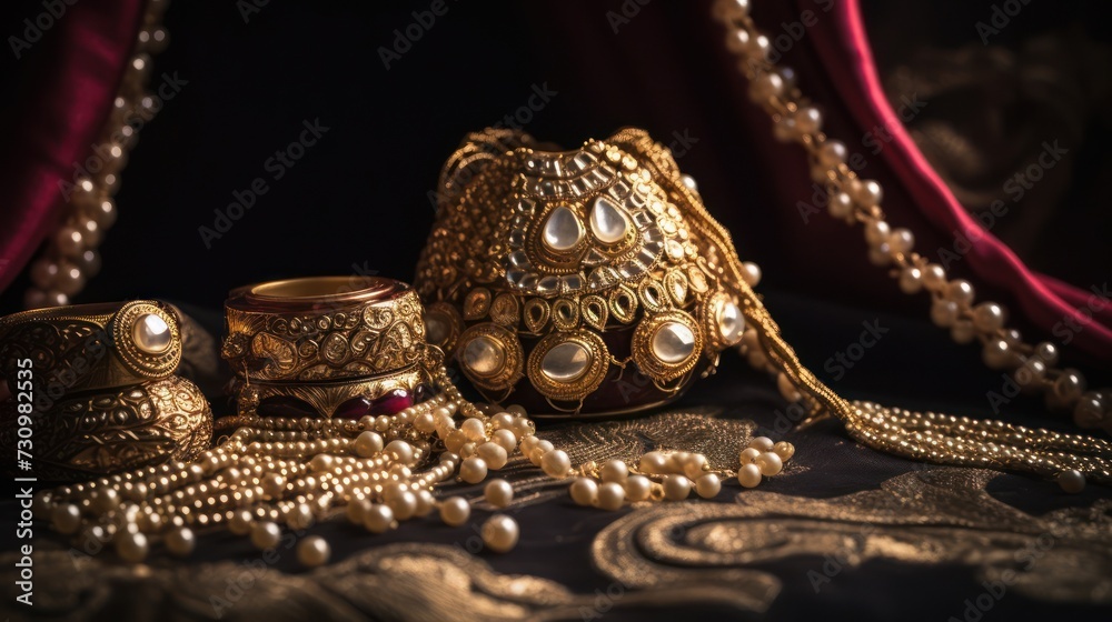 Indian jewelry still life. Generative AI