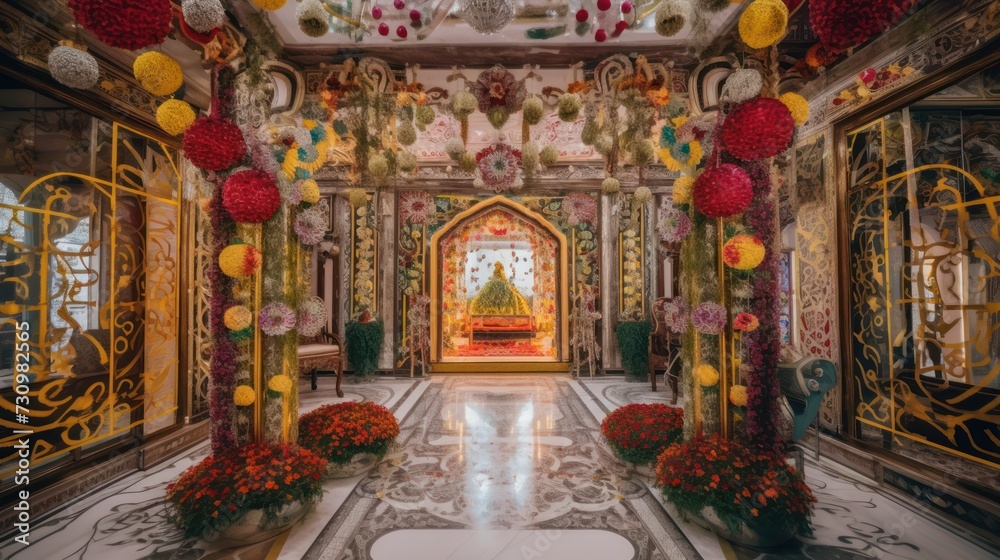 Entrance of a temple decorated. Generative AI