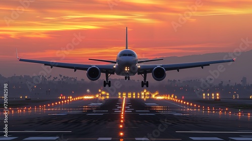 airplane landing at sunrise. 