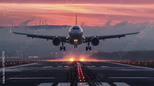 airplane landing at sunrise.