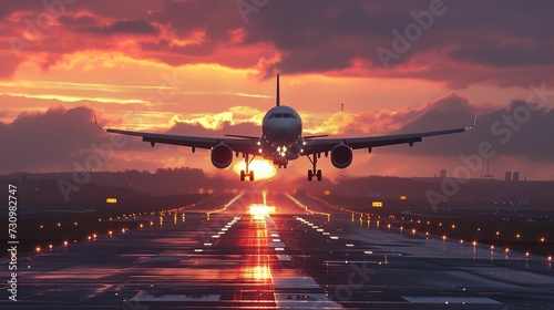 airplane landing at sunset. 