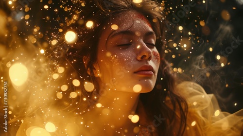 a woman with her eyes closed is surrounded by gold dust