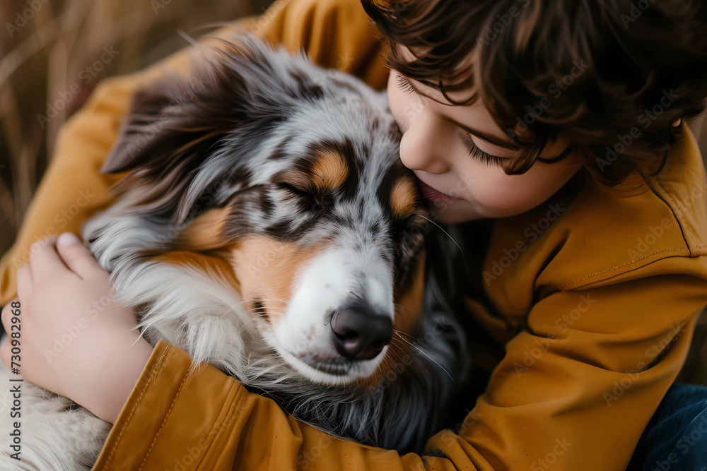 A young boy envelops himself in a tender embrace with his loyal Australian Shepherd dog, embodying a profound bond of companionship and love, genuine connection and unwavering affection A young boy envelops himself in a tender embrace with his loyal Australian Shepherd dog, embodying a profound bond of companionship and love, genuine connection and unwavering affection