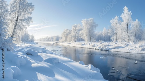 Amazing snowy landscape midst of winter, the enchanting beauty of nature emerges as the pure white snow blankets the land, Winter landscape. Winter trees and river. Winter background, banner
