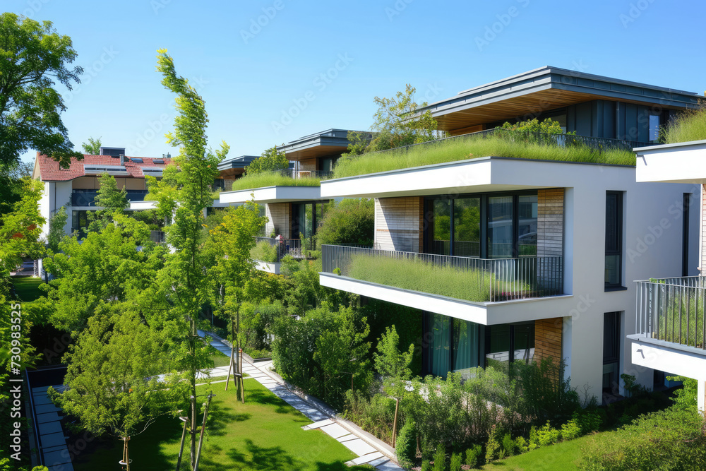 High view of a Modern residential district with green roof and balcony