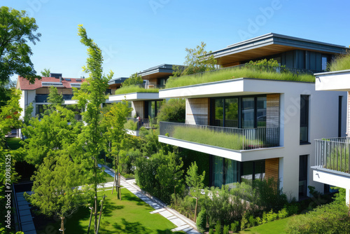 High view of a Modern residential district with green roof and balcony © Kien