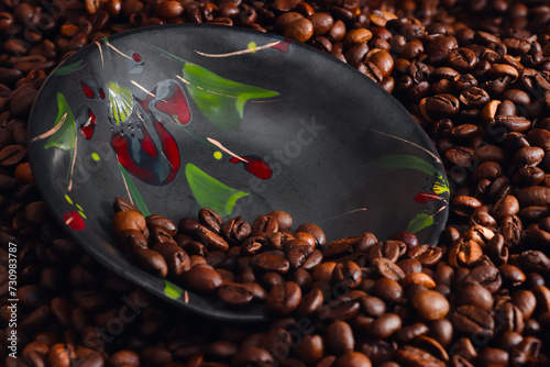 Still life with brown coffee ans pottery bowl - close-up