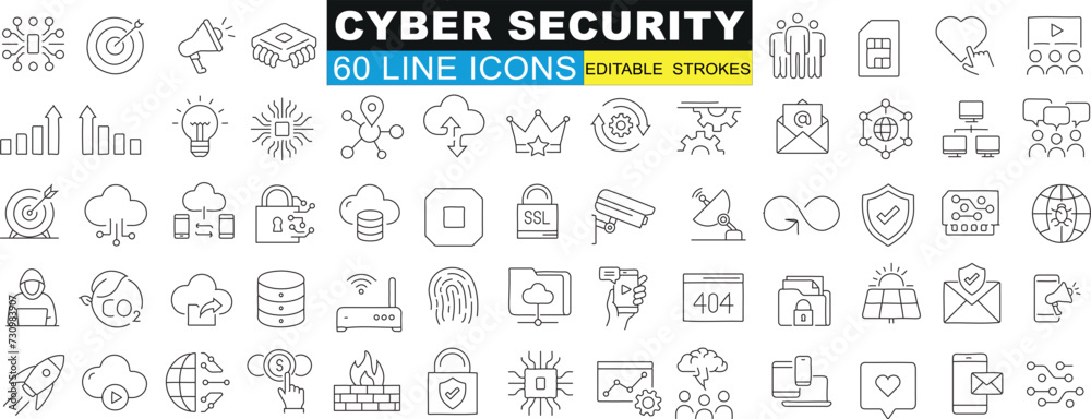 Cybersecurity, protection, privacy line icons. Vector illustration for web design, mobile app. User interface elements. Security themed symbols. Lock, shield, virus, firewall, encryption, password