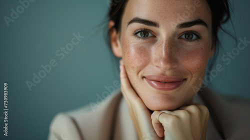 Close-up natural candid studio portrait of young stylish and trendy brunette businesswoman wearing minimalist modern business clothing and staring into the camera, isolated against a blue background