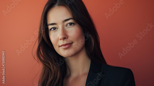 Close-up natural candid studio portrait of young stylish and trendy brunette businesswoman wearing minimalist modern business clothing and staring into the camera, isolated against a orange background