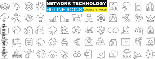 Network Technology line Icons, versatile for web, apps, presentations. Featuring cloud computing, security, server racks, mobile devices, and more. Perfect for tech-related projects