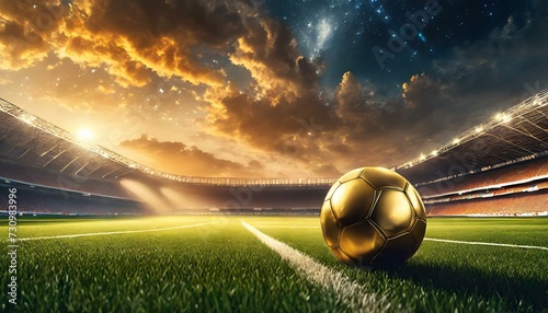 golden football in soccer stadium, colorful epic sunset in background © creativemariolorek
