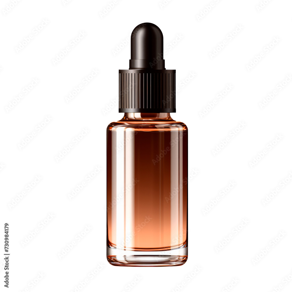 Glass dropper bottle for oil. Isolated on transparent background.