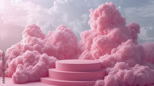 Background podium pink 3d product sky platform display cloud pastel scene render stand. Pink podium stage minimal abstract background beauty dreamy space studio pedestal smoke showcase geometric white