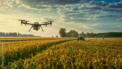 Drone with camera flying over a corn field at sunset in summer