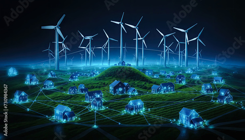Conceptual image with windmills and houses on green meadow