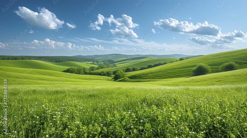 Beautiful countryside in Ukraine Europe Summertime nature photo of lush green pastures and clear blue sky Explore Earth s beauty Copy space image Place for adding text or design  - obrazy, fototapety, plakaty 
