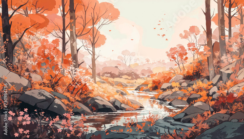 Autumn forest landscape with river and falling leaves  vector illustration