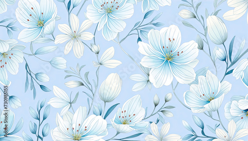Seamless pattern with white flowers on blue background Vector illustration
