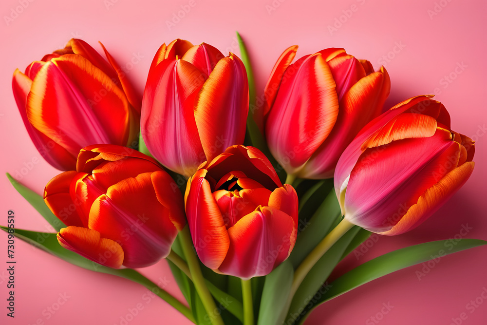 View of a beautiful bouquet of red tulips on a pink background View of a beautiful bouquet of red tulips on a pink background