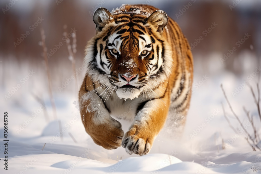 Fototapeta premium a siberian tiger running in the snow winter