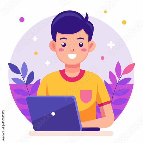 designer secretary man with a laptop programmer tester digital artist student SMM remote work worker laptop freelancer home office Vector illustration creative human