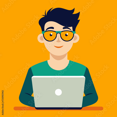 designer secretary man with a laptop programmer tester digital artist student SMM remote work worker laptop freelancer home office Vector illustration creative human