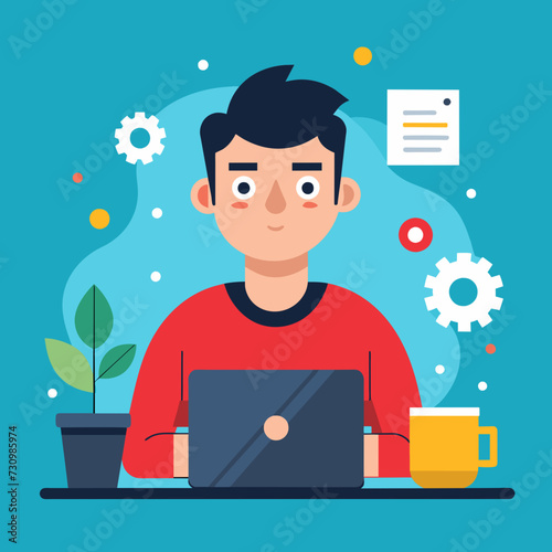 designer secretary man with a laptop programmer tester digital artist student SMM remote work worker laptop freelancer home office Vector illustration creative human
