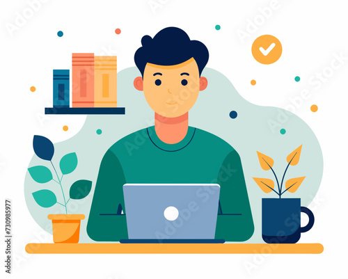 designer secretary man with a laptop programmer tester digital artist student SMM remote work worker laptop freelancer home office Vector illustration creative human