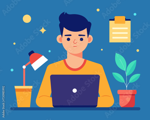 designer secretary man with a laptop programmer tester digital artist student SMM remote work worker laptop freelancer home office Vector illustration creative human