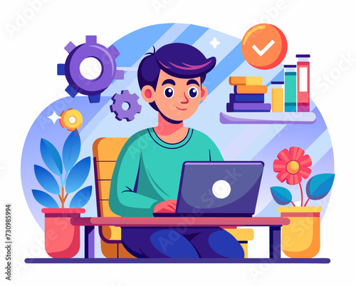 designer secretary man with a laptop programmer tester digital artist student SMM remote work worker laptop freelancer home office Vector illustration creative human