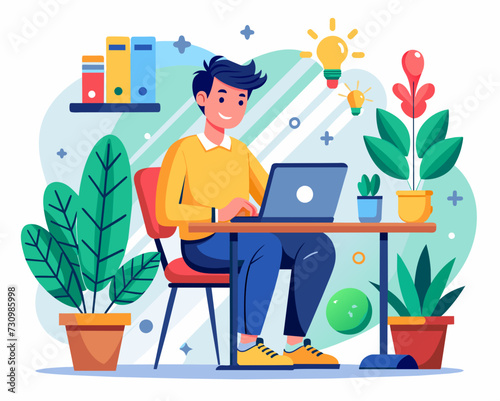 designer secretary man with a laptop programmer tester digital artist student SMM remote work worker laptop freelancer home office Vector illustration creative human