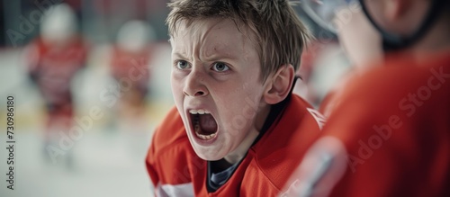 A young boy happily shouts and gestures with his jaw dropped, while sitting on a bench during a fun hockey game. His smile and excitement show he is a fan of the sport and enjoying the recreation.