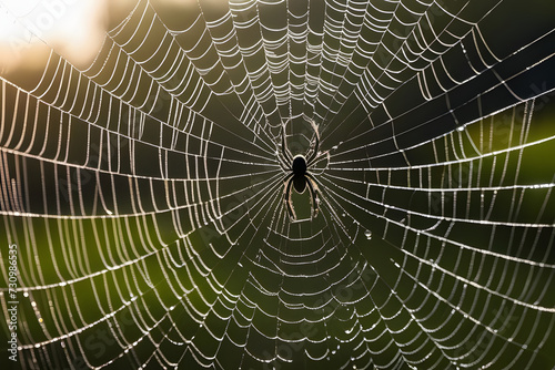 Close-up of Black Orb Weaver Spider in Gossamer Web with Morning Dew