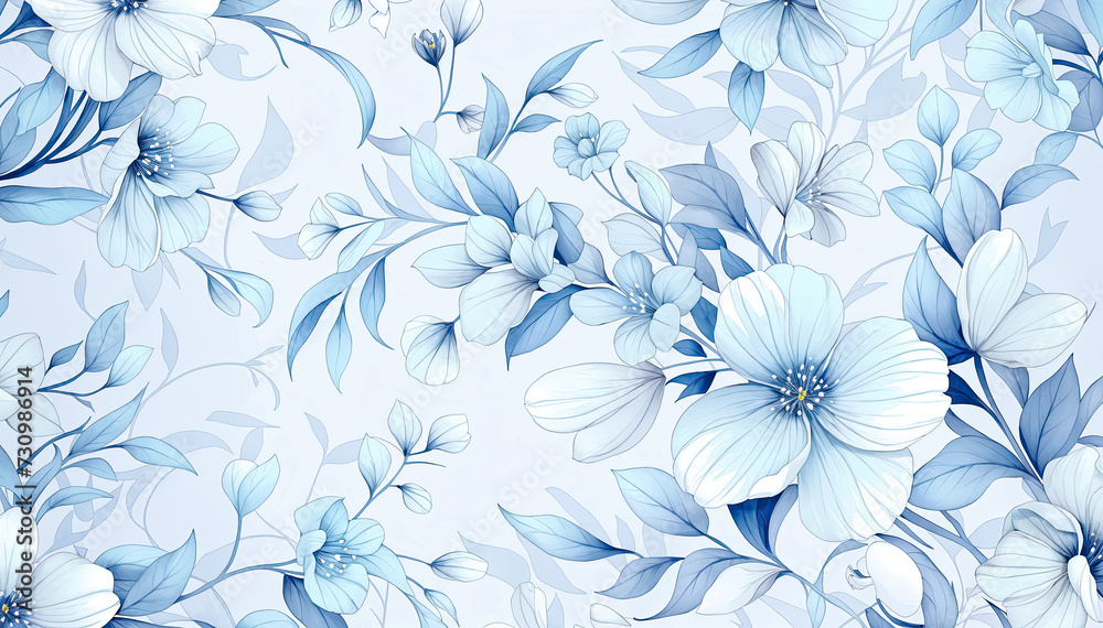 Fototapeta premium Seamless white floral pattern with blue flowers on a light blue background