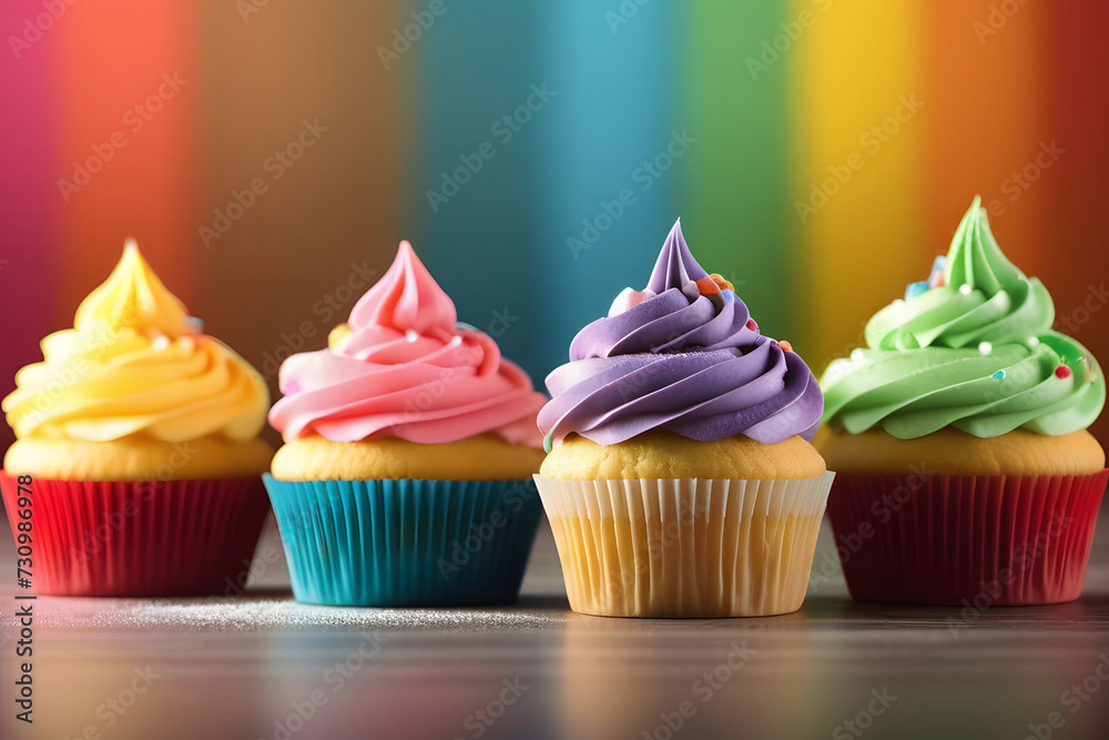 Close-up of four colorful cupcakes with rainbow background and vibrant frosting