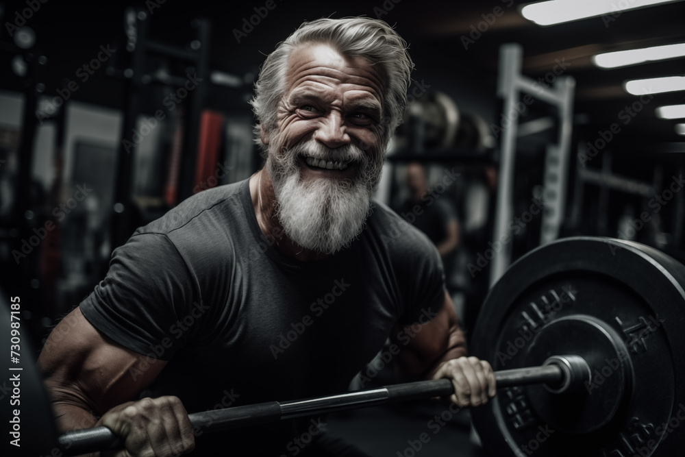 Old athle, Fitness man at workout. Elderly pensioner old man smiling in gym. 60-70 Year Old Bodybuilder. Old bodybuilder grandfather in gym. Pensioner with smile lifts weight in sports club. - obrazy, fototapety, plakaty 