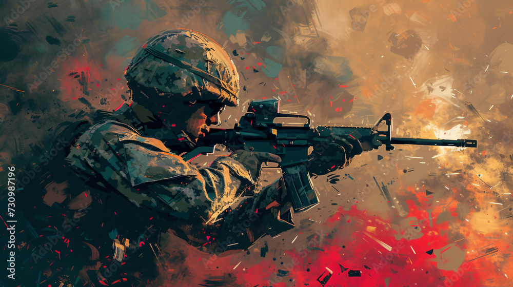 Generative AI illustration of military man in uniform. - obrazy, fototapety, plakaty 