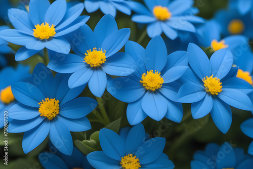 Blue flowers with yellow centers are in full bloom.