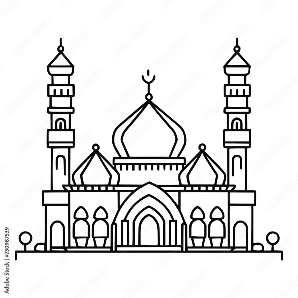 Mosque or masjid line drawing vector illustration minimalist design. Islamic mosque for Ramadan Kareem or Eid Mubarak vector concept design