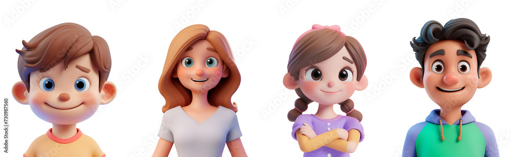 Simple 3D Illustration of a Joyful Family: Man, Woman, Boy, Girl, Father, Mother, Son, and Daughter in a Close-Up Character Portrait, Isolated on Transparent Background, PNG Simple 3D Illustration of a Joyful Family: Man, Woman, Boy, Girl, Father, Mother, Son, and Daughter in a Close-Up Character Portrait, Isolated on Transparent Background, PNG