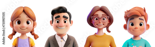 Simple 3D Cartoon Render of a Close-Up Family Portrait: Happy Man, Woman, Father, Mother, Boy, Girl, Son, and Daughter Character, Isolated on Transparent Background, PNG