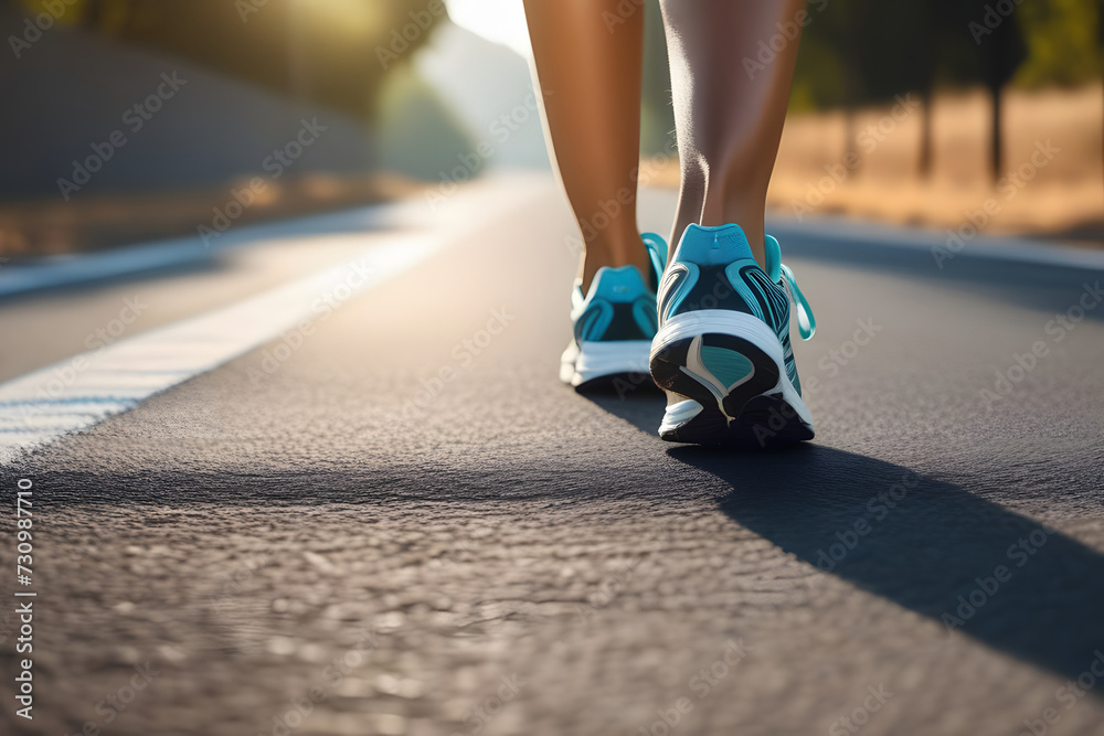 Close-up of womans feet walking in blue running shoes on asphalt road on sunny day