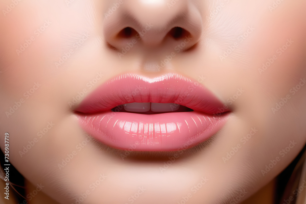 Closeup of womans soft, pink lips with natural makeup and a glossy shine Closeup of womans soft, pink lips with natural makeup and a glossy shine