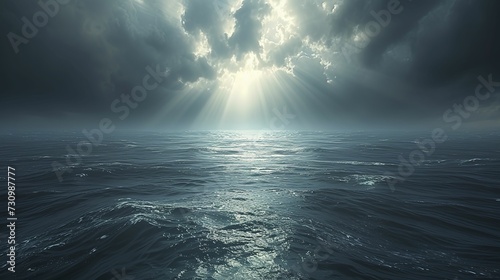 Dark water and a beam of light, in the style of dark sky-blue and light gray, realistic yet stylized, subtle atmospheric perspective, light bronze, and sky
