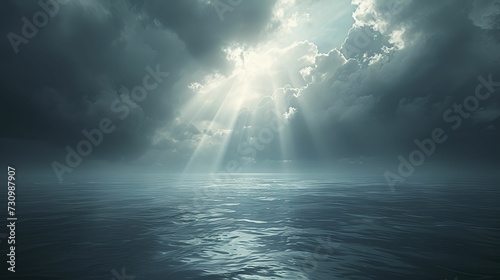 Dark water and a beam of light, in the style of dark sky-blue and light gray, realistic yet stylized, subtle atmospheric perspective, light bronze, and sky