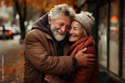 Couple over 50 years old. Realistic portrayals of love. Valentine's Day in everyday life. An elderly couple hugs each other tenderly and carefully