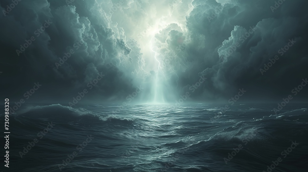 Dark water and a beam of light, in the style of dark sky-blue and light gray, realistic yet stylized, subtle atmospheric perspective, light bronze, and sky 