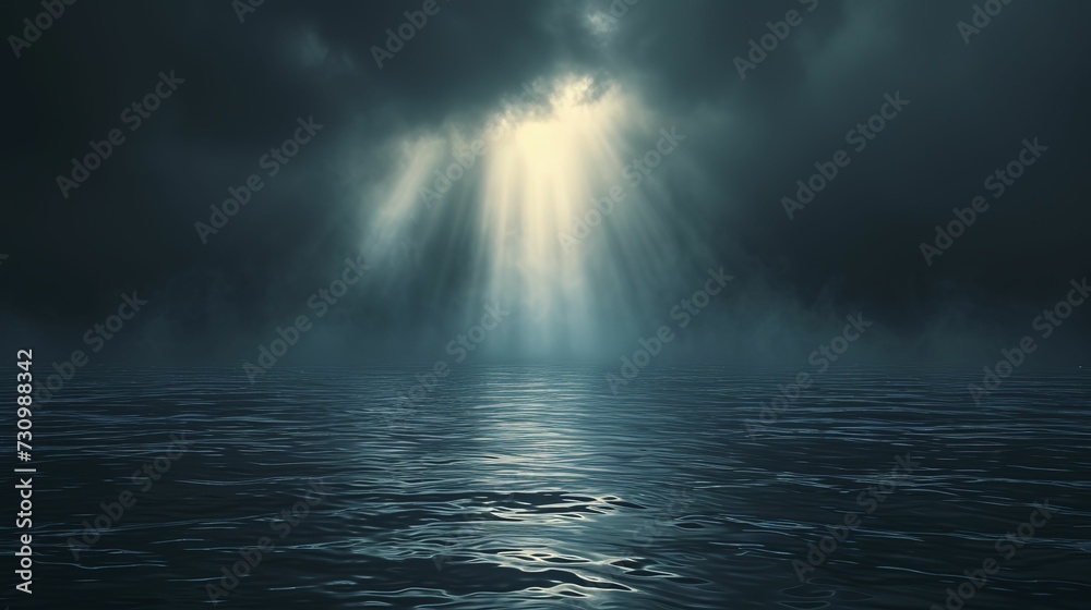Dark water and a beam of light, in the style of dark sky-blue and light gray, realistic yet stylized, subtle atmospheric perspective, light bronze, and sky