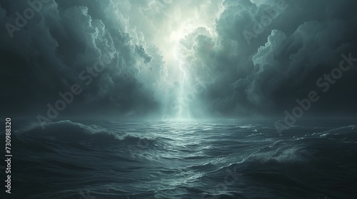 Dark water and a beam of light, in the style of dark sky-blue and light gray, realistic yet stylized, subtle atmospheric perspective, light bronze, and sky  photo